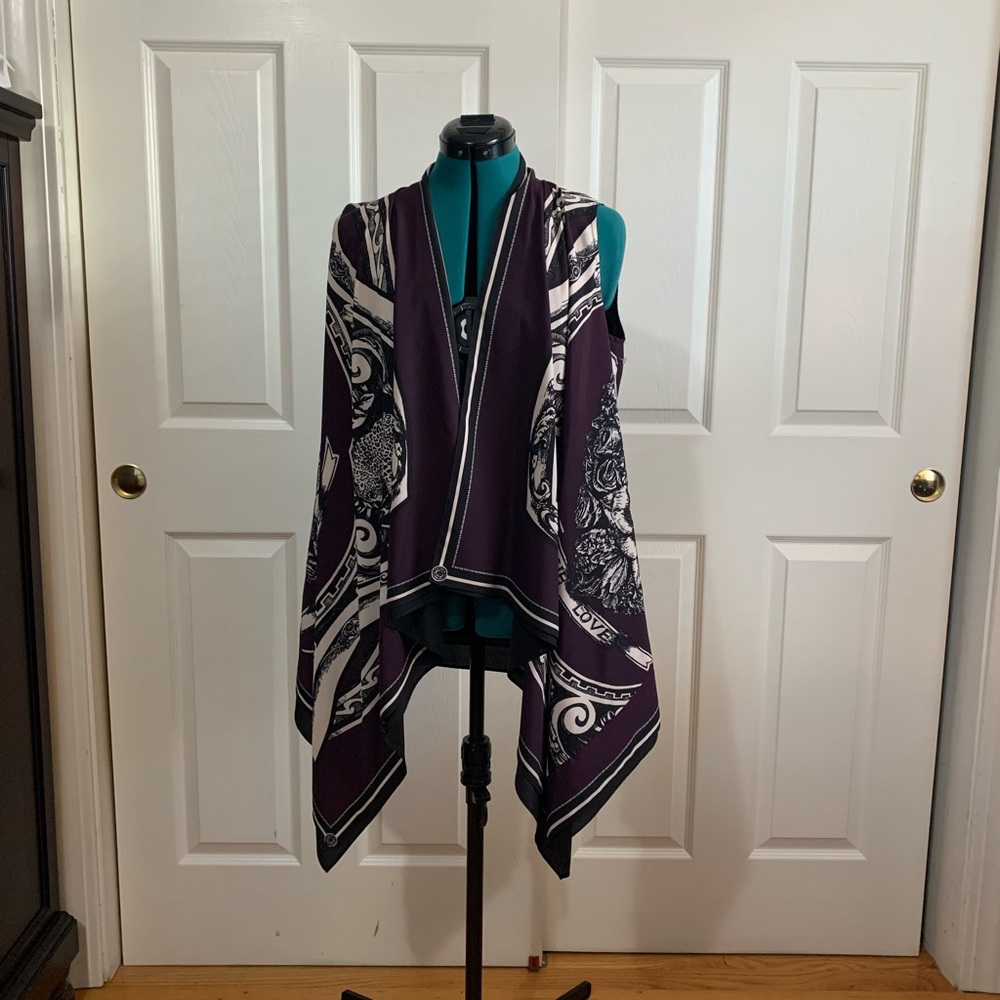 DKNY Scarf Open Front Waterfall True Love Vest burgundy Black M /L EUC